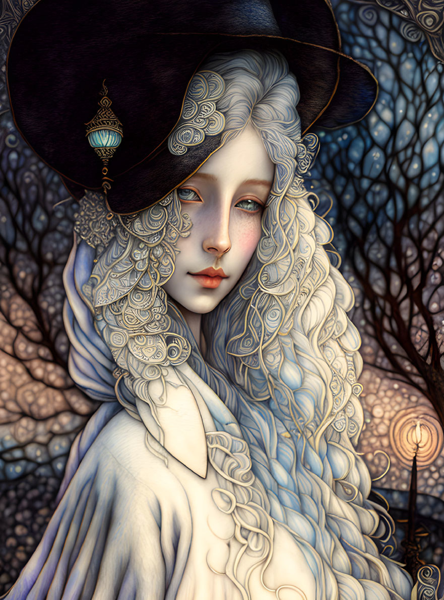 Pale woman with white hair and hat in digital illustration