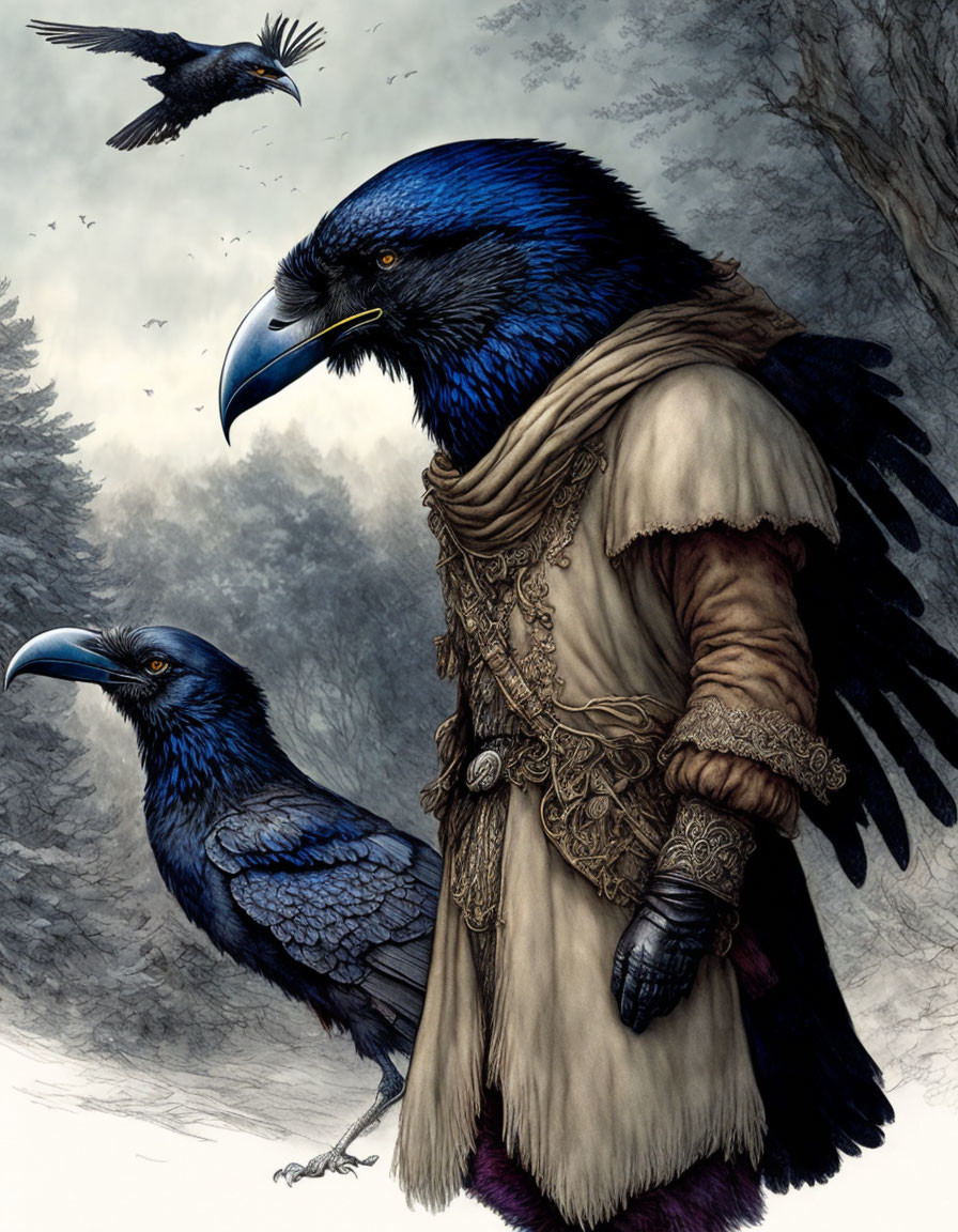 Medieval anthropomorphic raven in misty forest setting