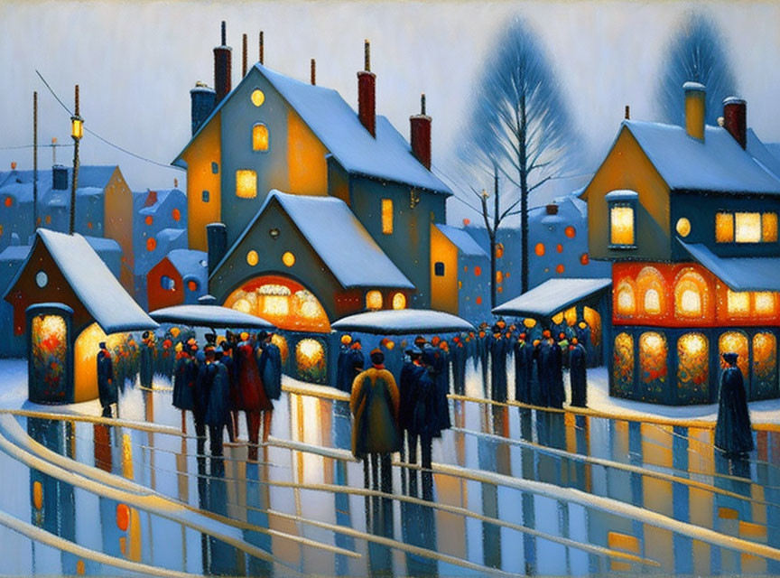 Vibrant snow-covered village scene with warmly lit houses and icy surface