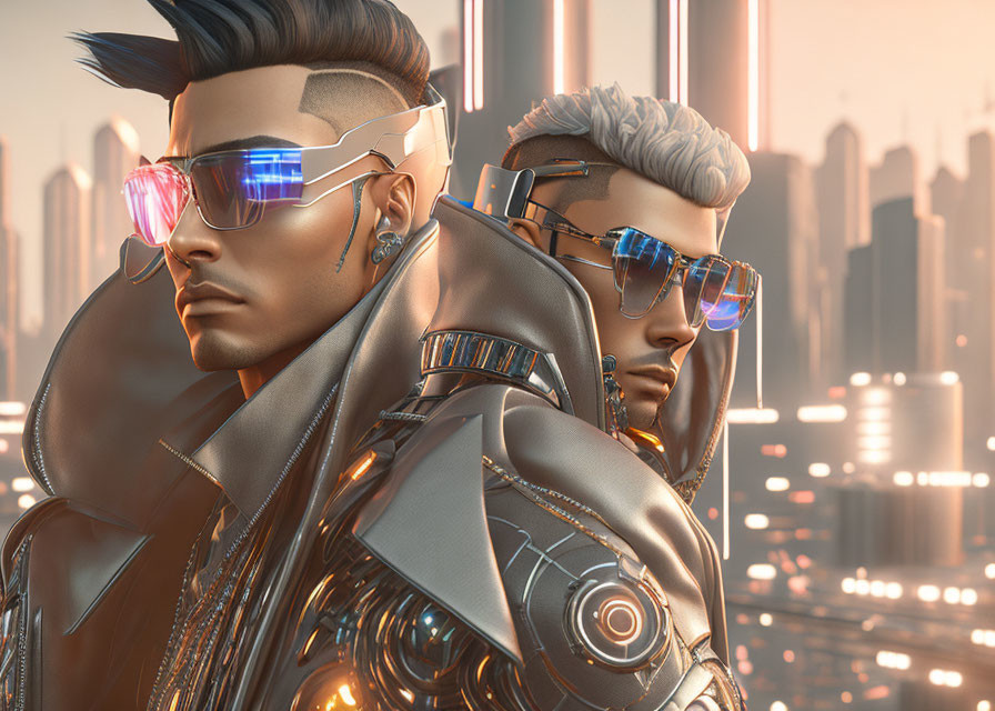 Futuristic characters with cybernetic enhancements in reflective sunglasses against cityscape at sunset