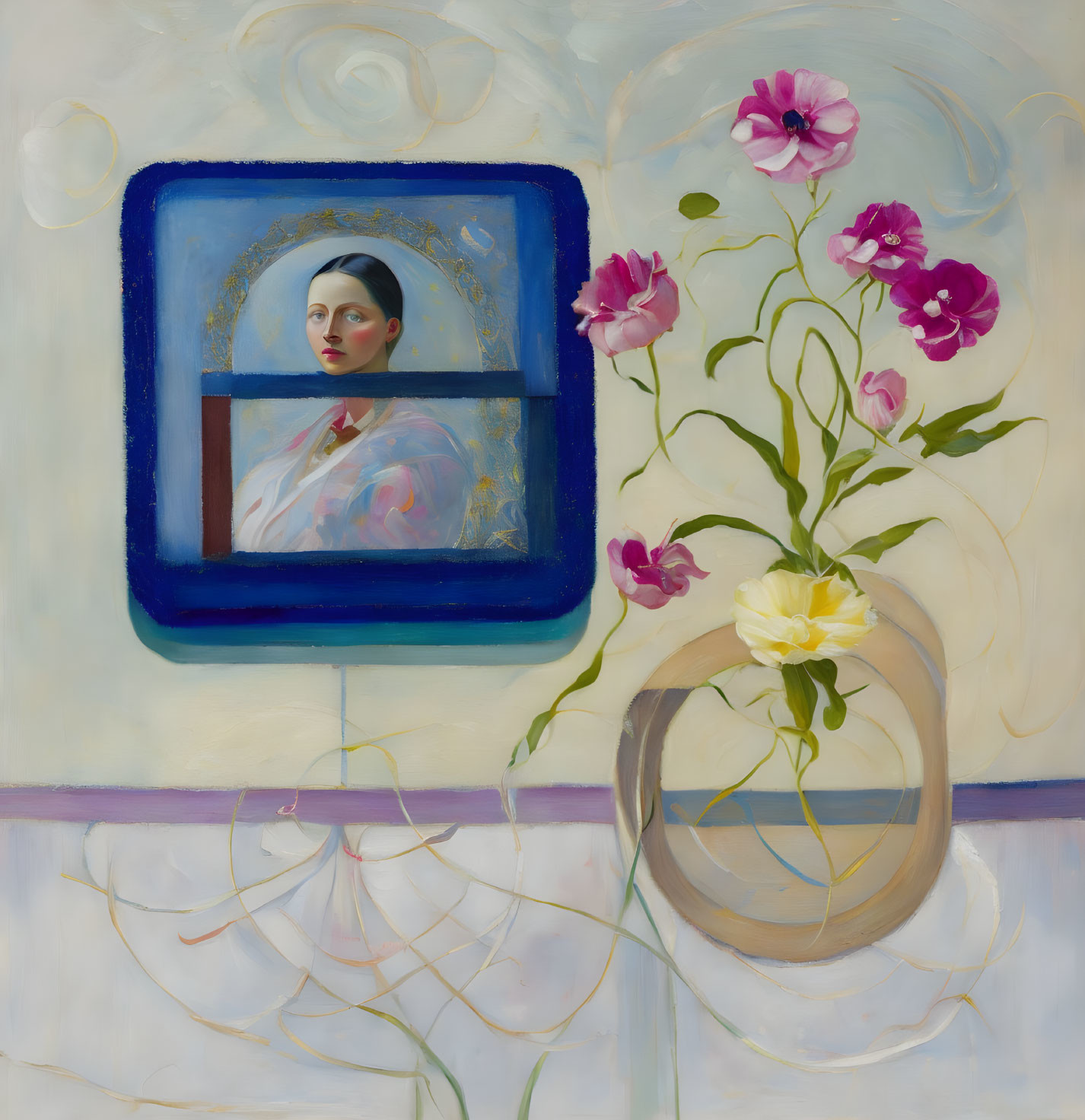 Portrait of a Woman with Blue Frame and Ethereal Flowers