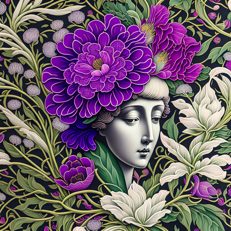 Woman's face illustration with serene expression amidst vibrant purple flowers and green foliage.