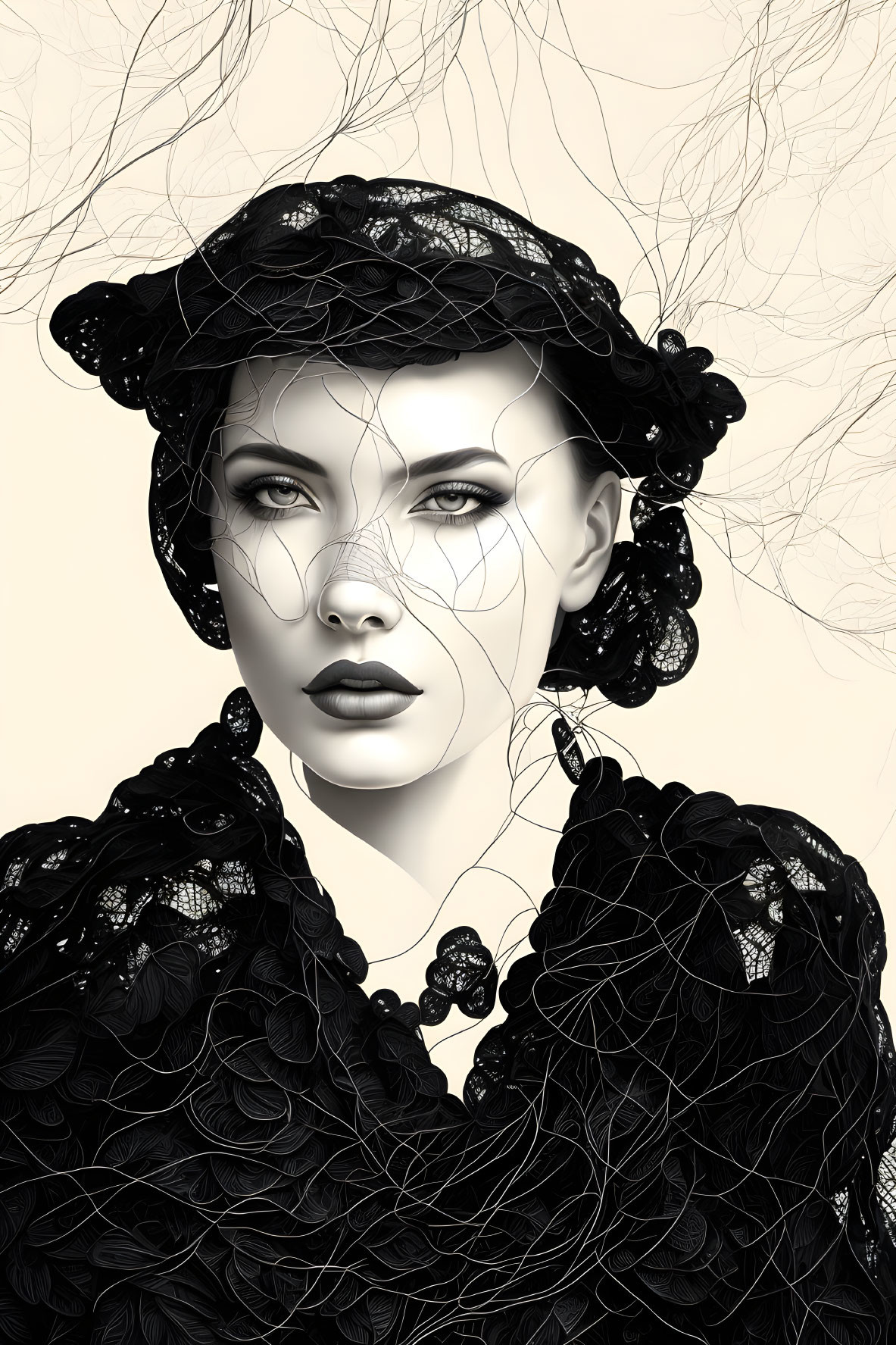 Monochromatic image of woman in vintage hat with lace details