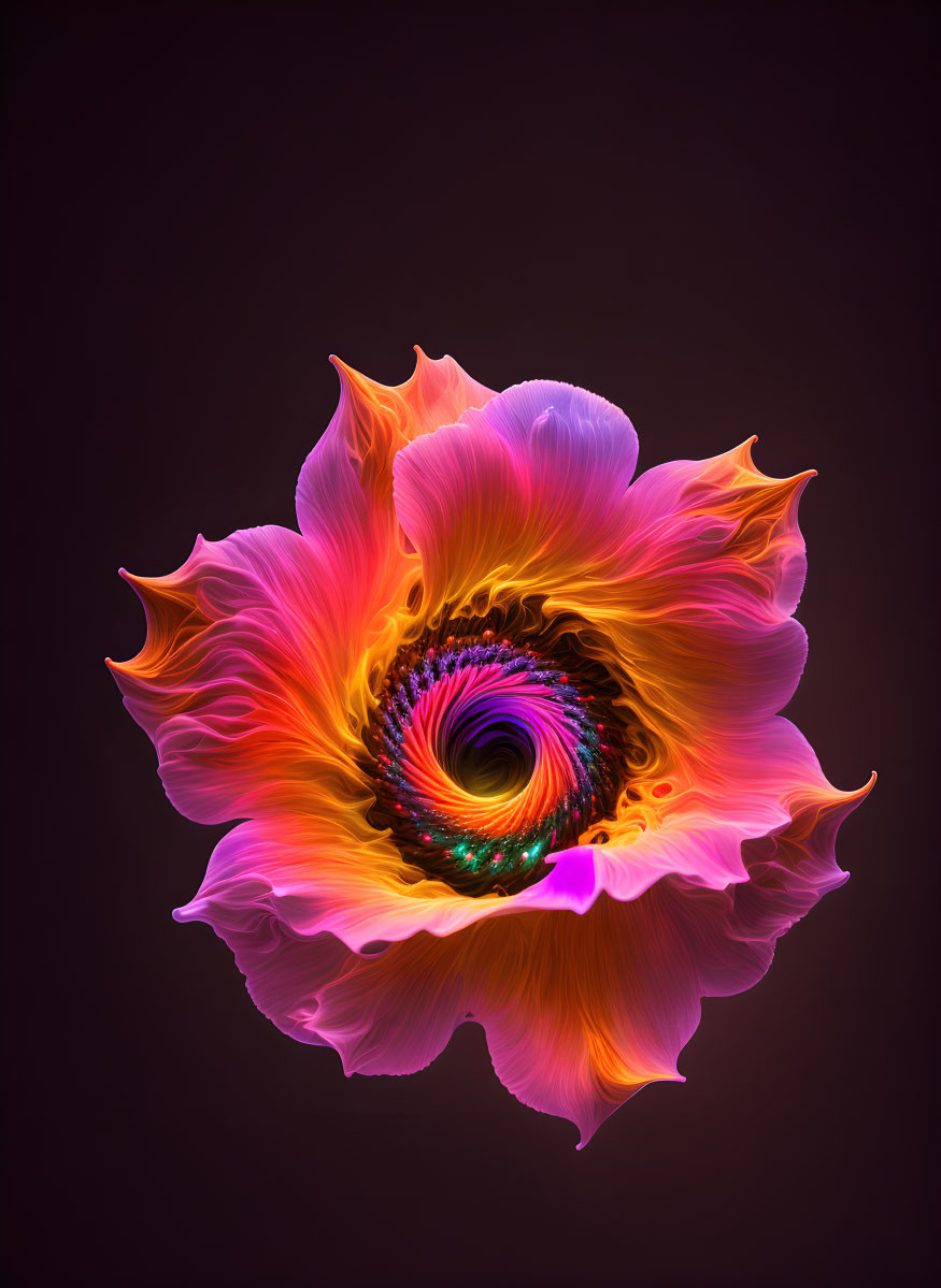 Colorful fractal flower with swirling center on dark background