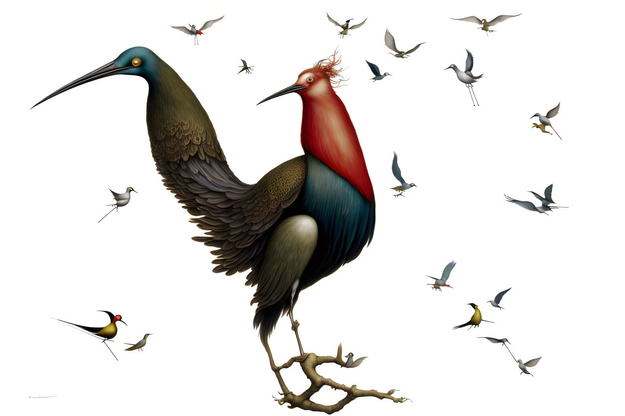 Colorful digital artwork: Two exotic birds, one with blue head, surrounded by flying birds on white