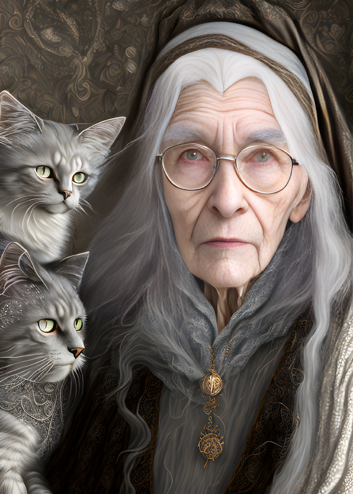 Elderly person with white hair and glasses surrounded by two realistic cats