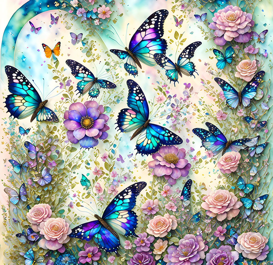 Colorful Butterfly and Flower Illustration with Dreamy Background