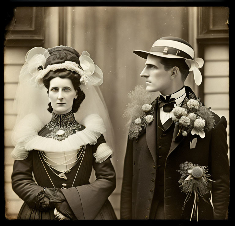 Victorian-era wedding attire in vintage black-and-white photo