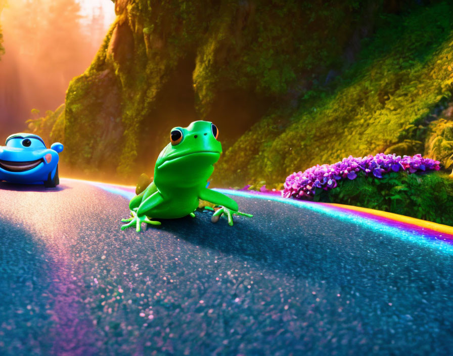 Colorful Frog with Cartoon Car in Magical Nature Scene