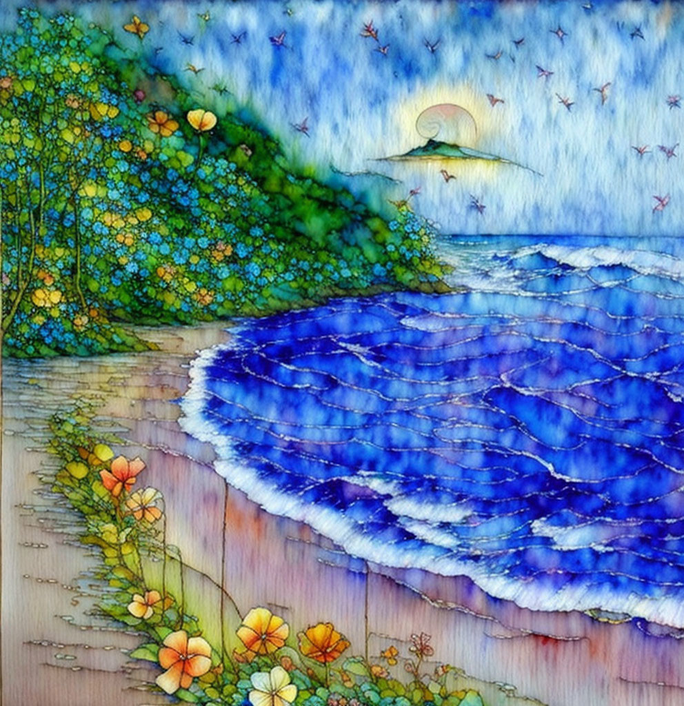 Colorful beach illustration with waves, hill, flowers, stars, and crescent moon