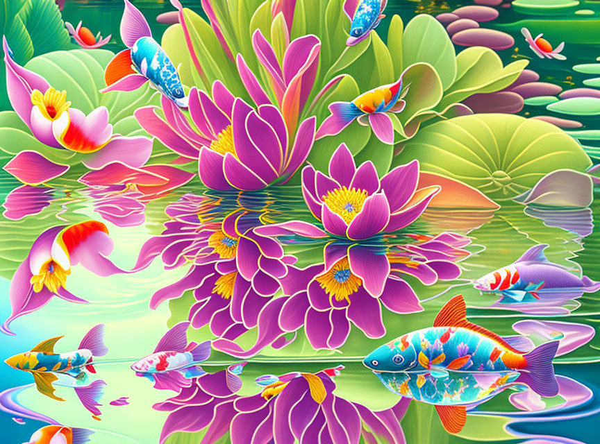 Colorful Pond Scene: Koi Fish and Lotus Flowers in Digital Art