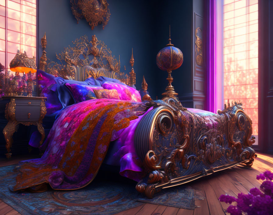 Luxurious royal bedroom with elaborate decorations and rich colors