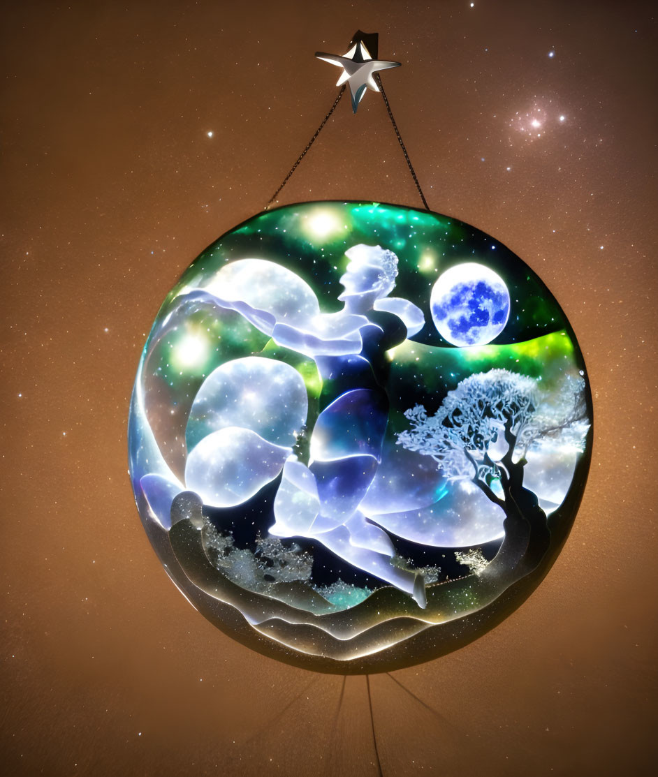 Celestial-themed glass ornament: Woman, tree, moon silhouette on cosmic night sky.