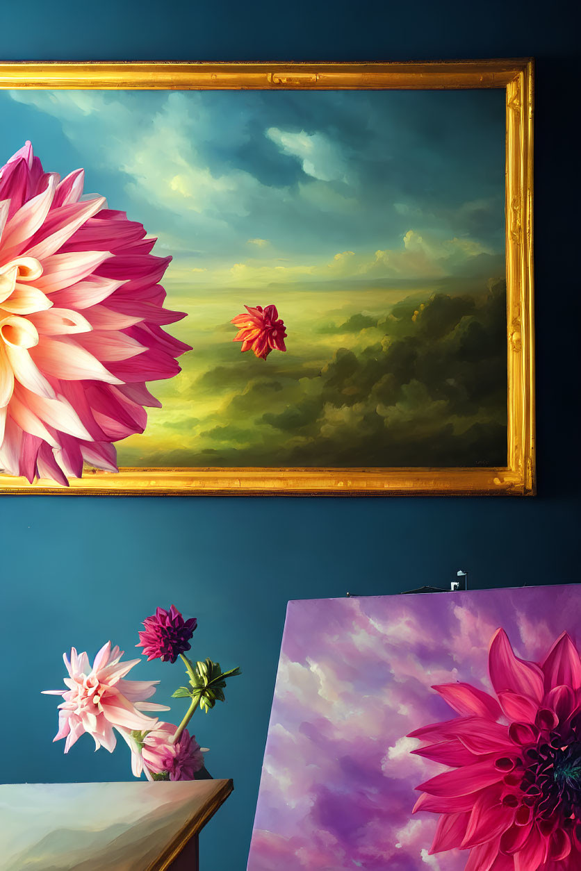 Vivid pink flower painting with cloud landscape artwork on dark blue wall