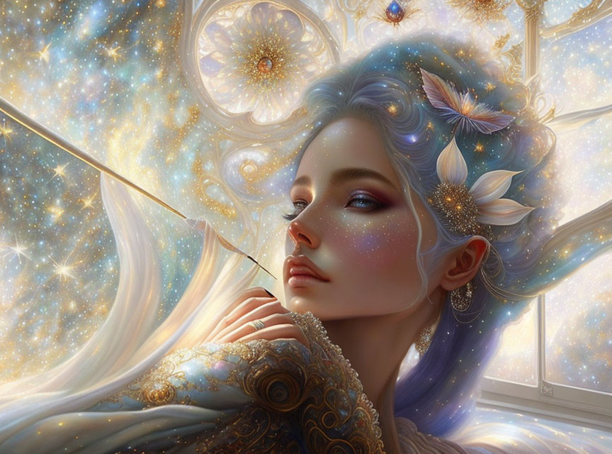 Fantastical portrait of woman with blue hair and butterflies in cosmic setting