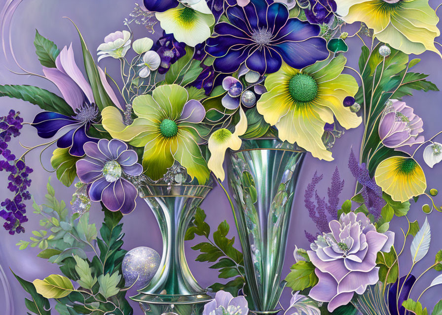 Purple and Yellow Floral Arrangement with Translucent Vases on Purple Background