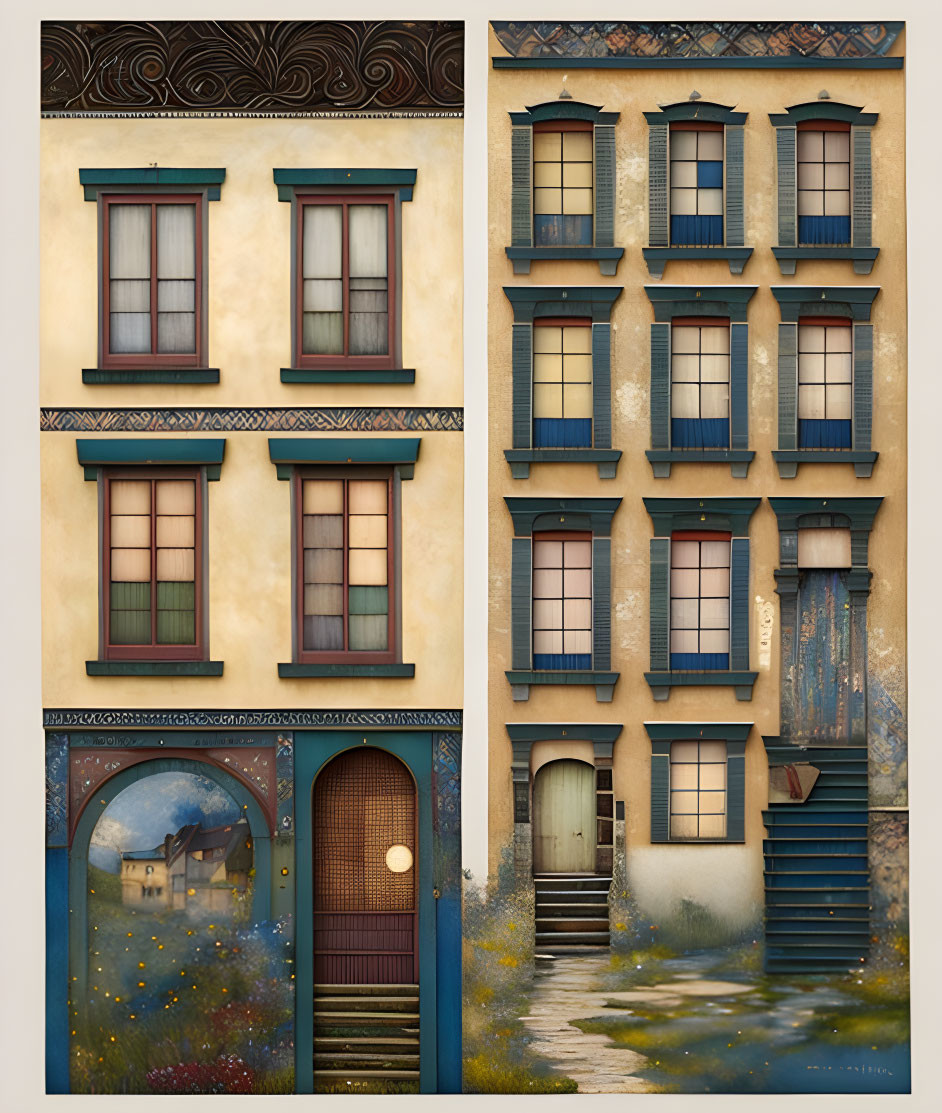 Detailed illustration of rustic multi-story buildings with decorative windows, doors, and a painted archway.