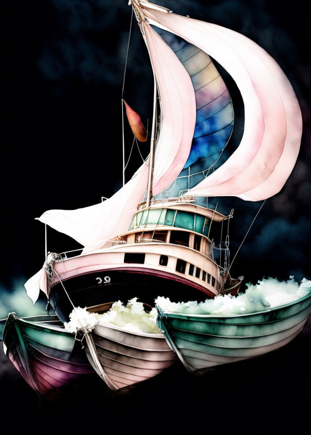 Colorful sails ship illustration on dark cloudy sky.