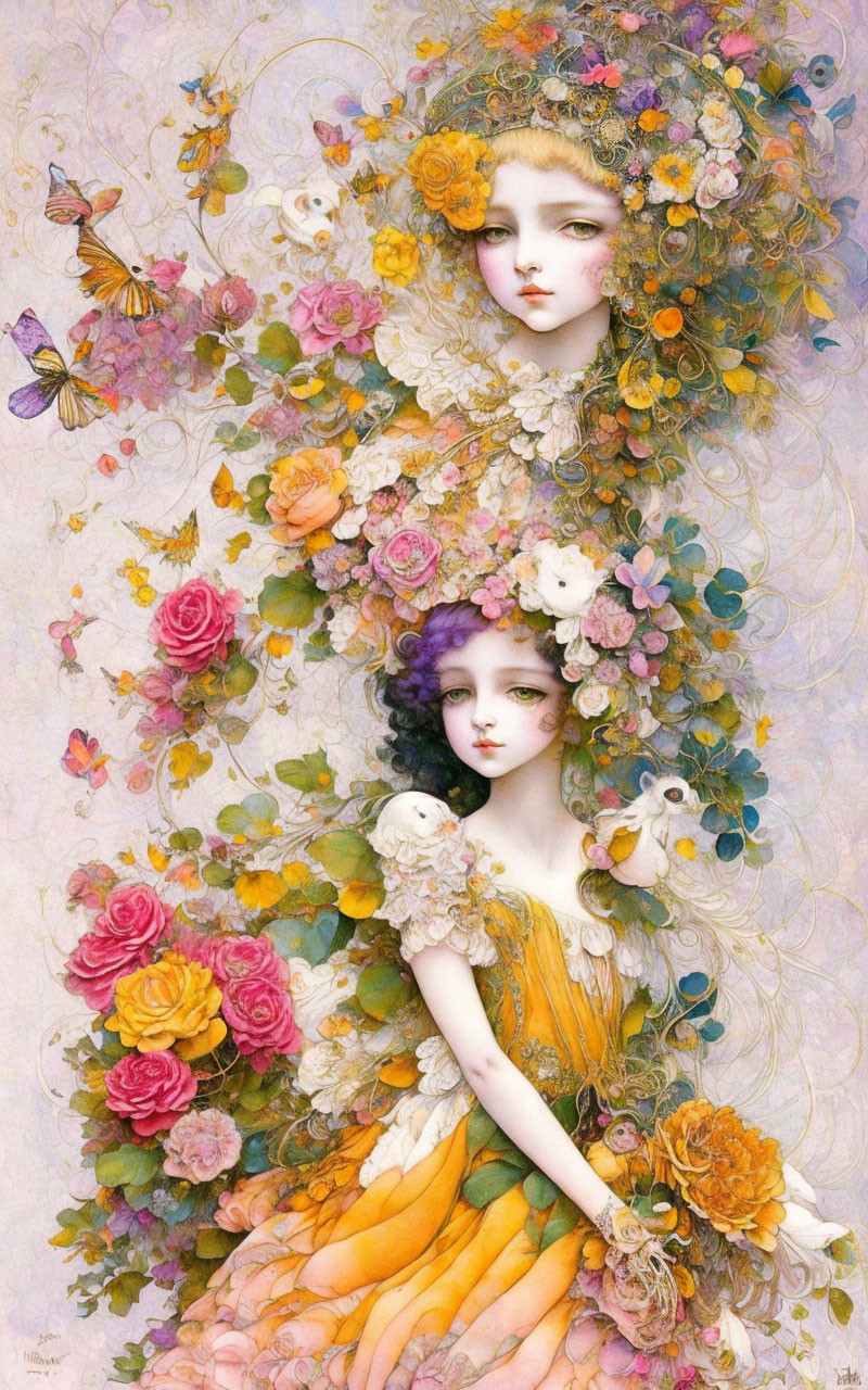 Ethereal women with colorful flowers and butterfly