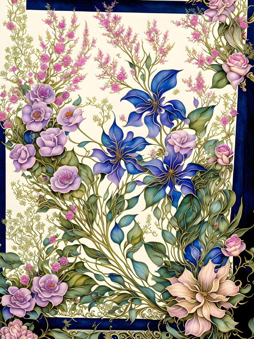 Detailed Floral Illustration with Pink and Blue Blooms on Cream and Navy Background