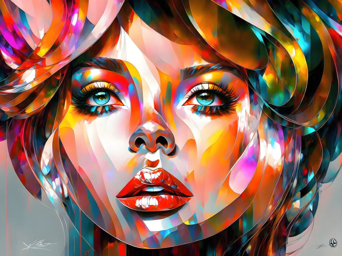 Abstract digital portrait: Woman with blue eyes, lush lips, vibrant hair & floral accents