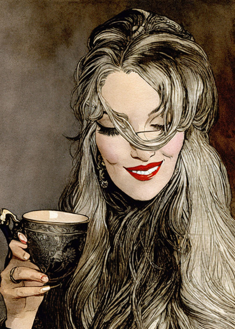 Illustrated woman with long hair holding a cup and red lipstick smile