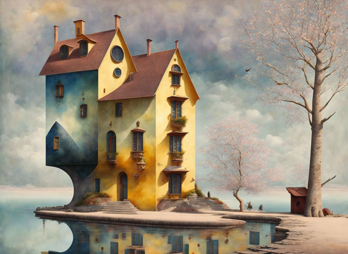 Surreal artwork of whimsical house by calm water