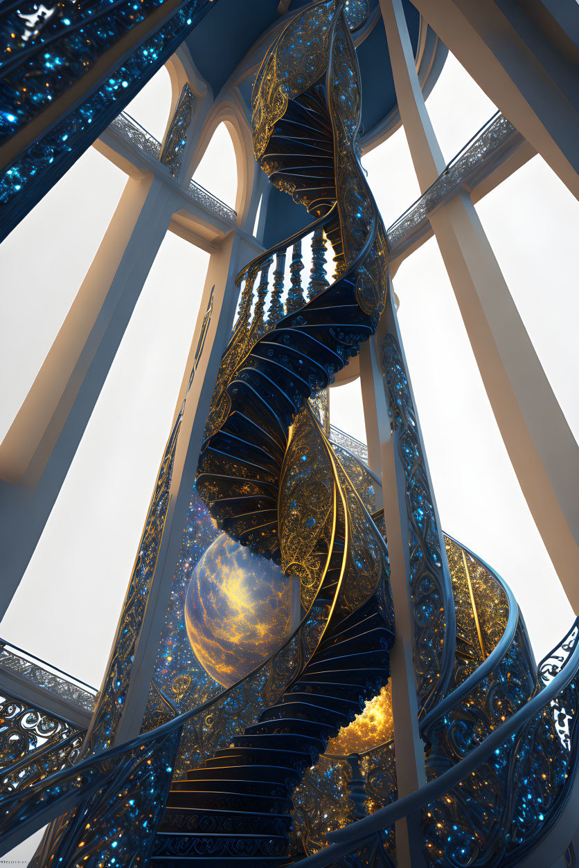 Ornate golden spiral staircase with cosmic patterns and planetary images in modern white structure