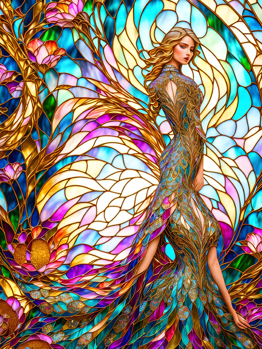 Illustration of woman in peacock gown on vibrant stained glass background