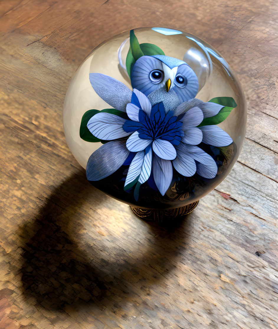 Transparent sphere with blue owl and flowers on wooden surface