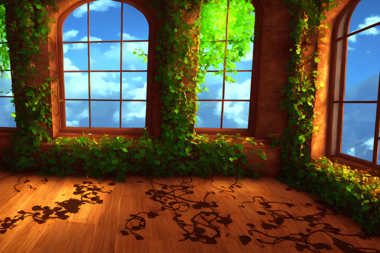 Room with Arched Windows, Green Ivy, Fallen Leaves, and Blue Sky View