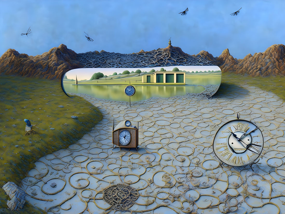 Surreal landscape with melting clock, cracked ground, liquid mirror, and birds