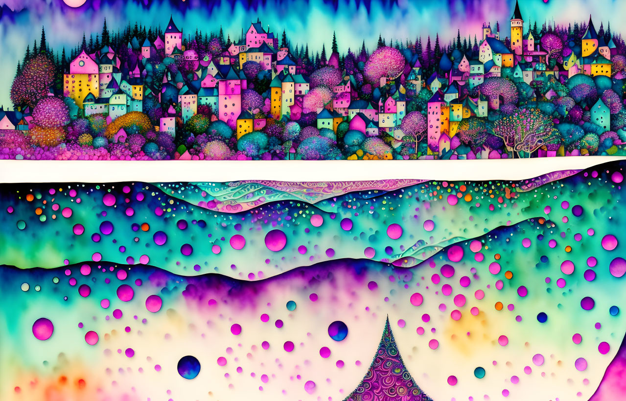 Colorful whimsical landscape with village, starry sky, wavy lines, orbs, and abstract