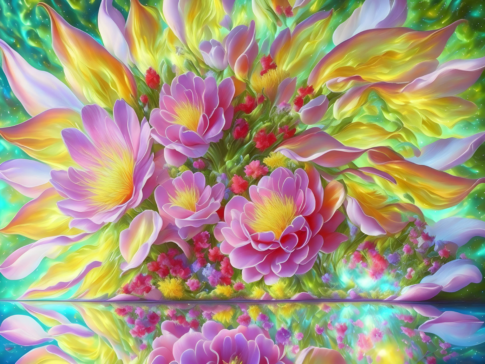 Colorful digital artwork: Blossoming flowers in pink and yellow on radiant, multicolored backdrop