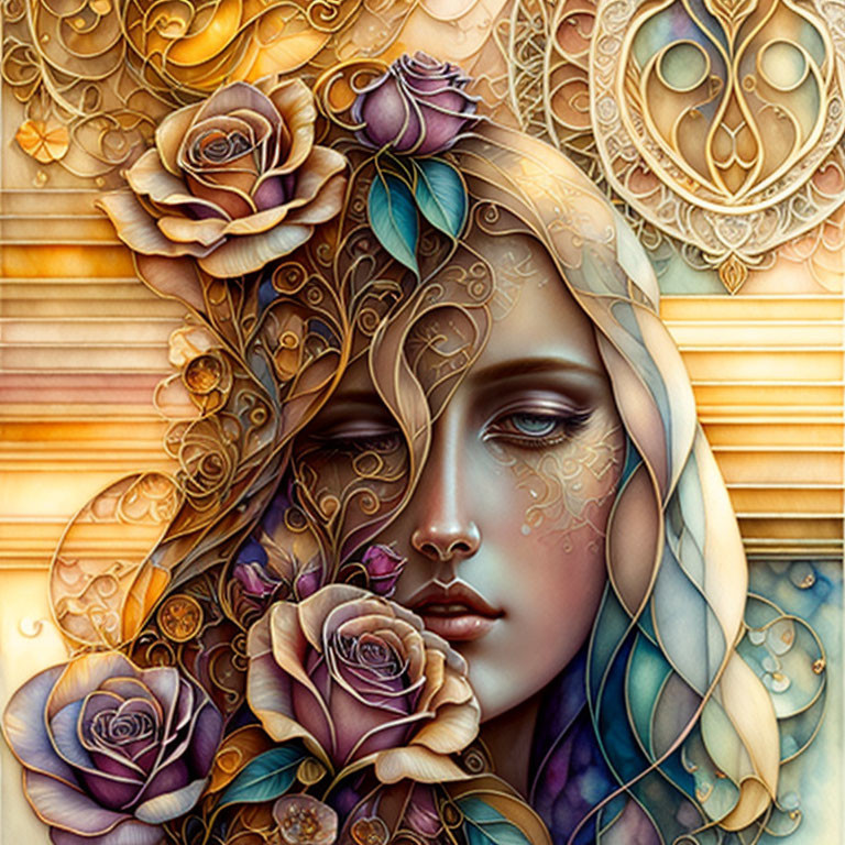 Digital artwork: Woman's face with stylized roses in gold, purple, & earth tones