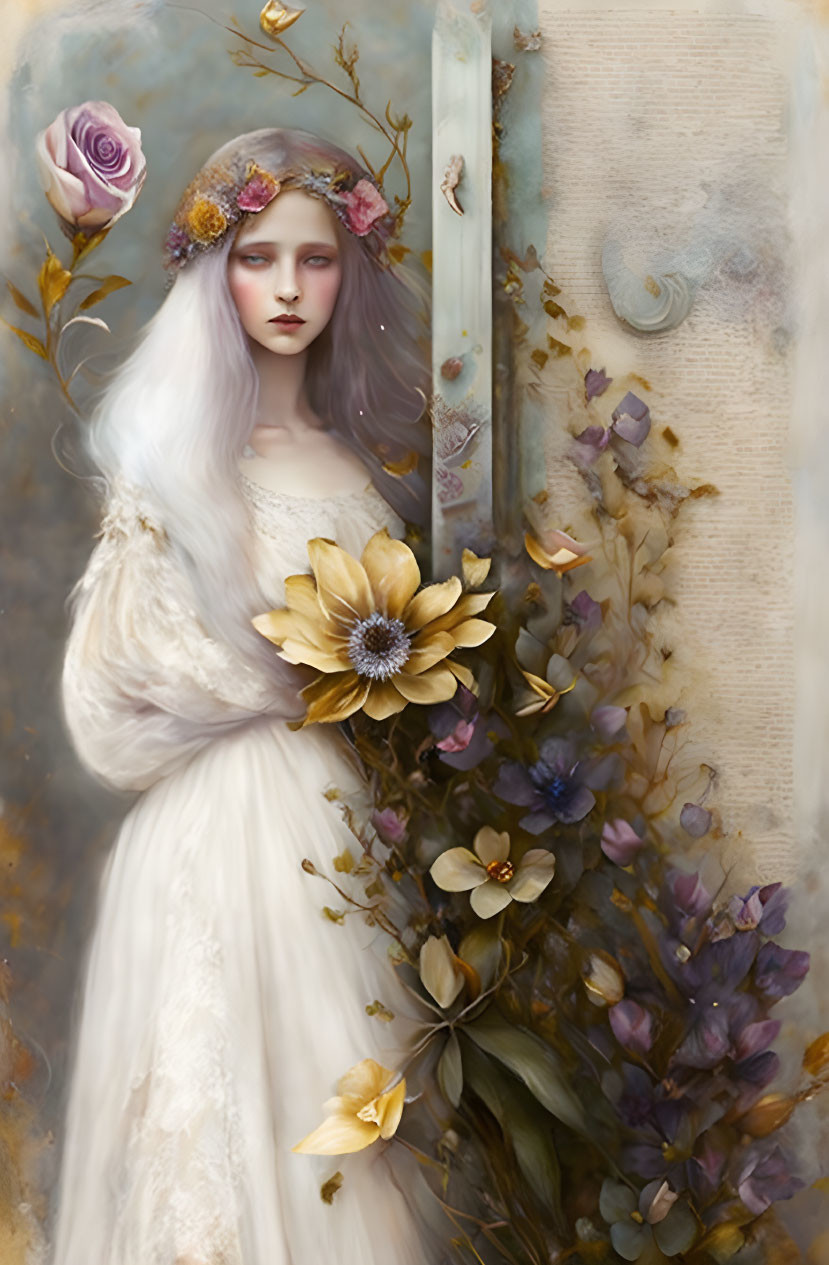 Ethereal woman in white gown with floral headpiece among flowers and butterflies