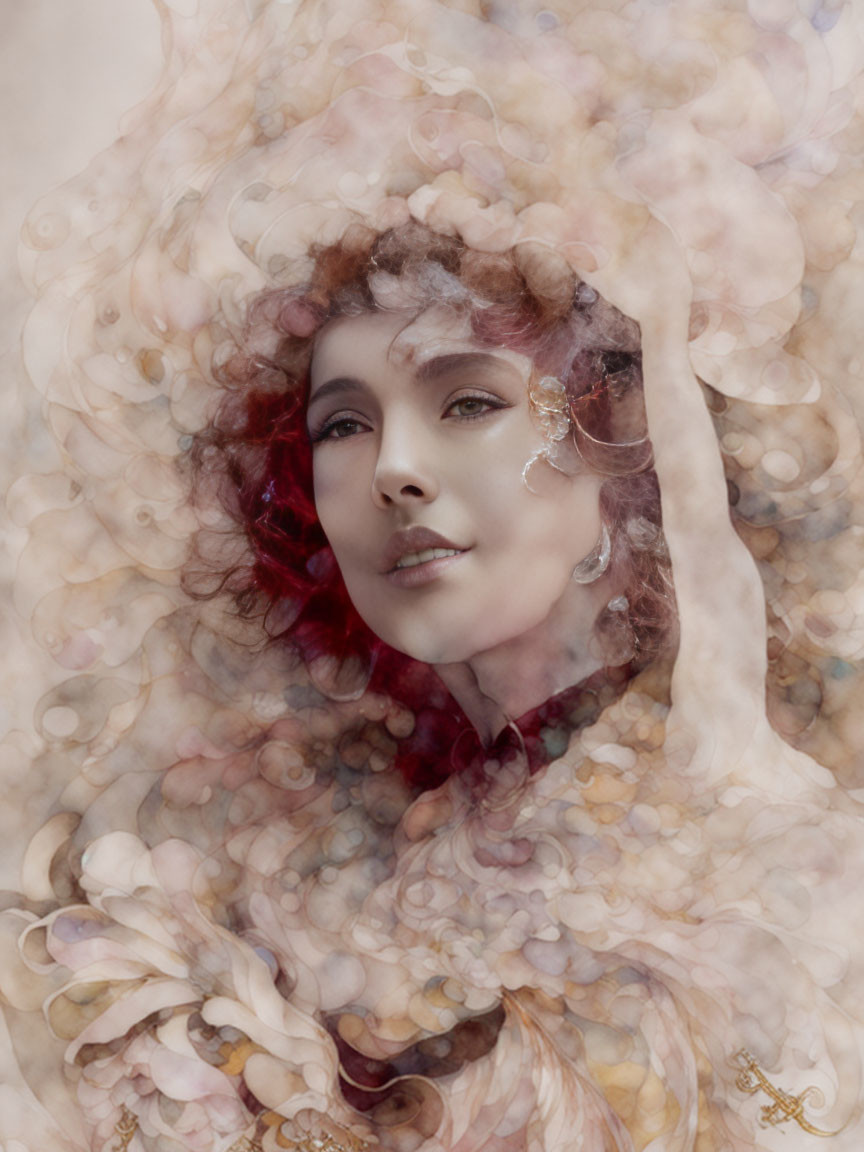 Ethereal portrait of a woman with floral motif swirls