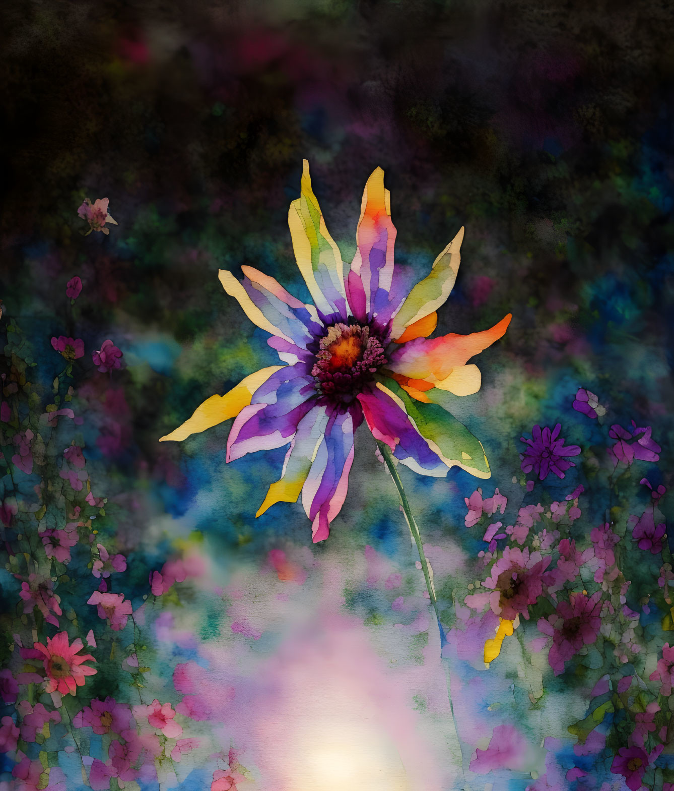 Multicolored vibrant flower in dreamy impressionistic background