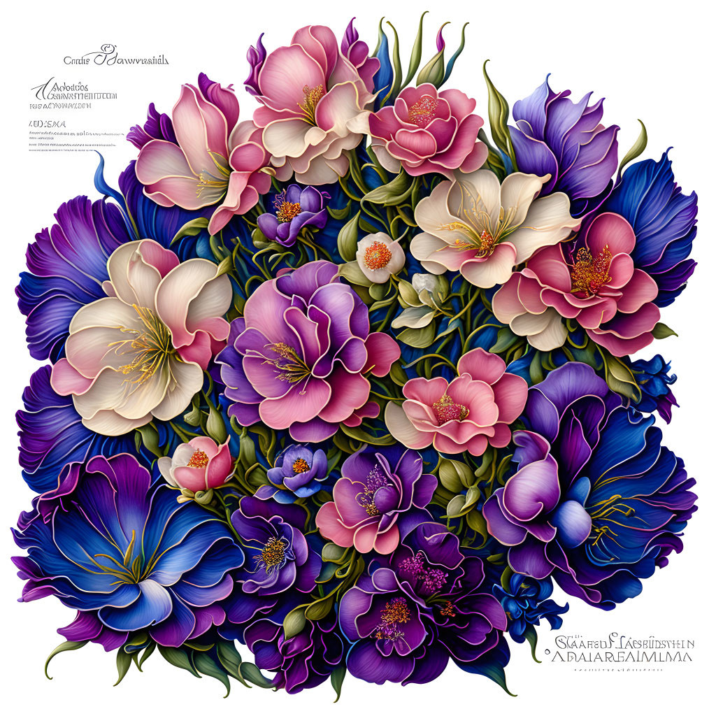 Colorful bouquet with roses and lilies in purple, pink, and blue