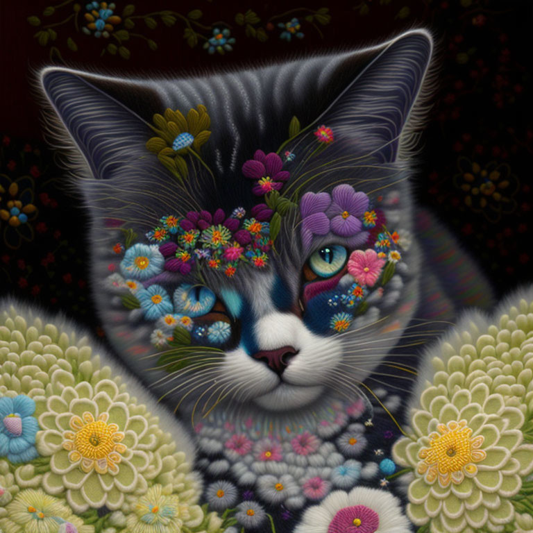 Colorful floral patterned cat illustration with flowers on fur and face