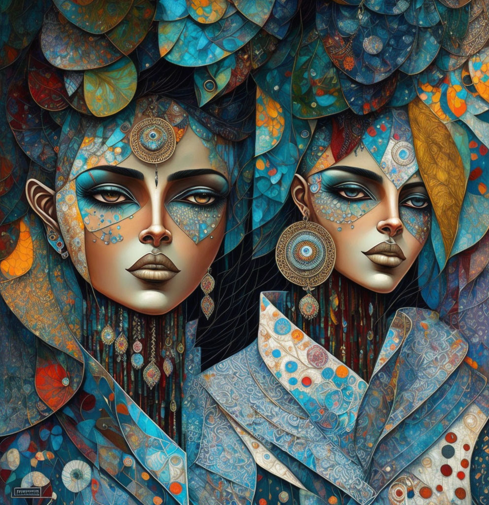 Stylized female figures with intricate patterns against mystical background