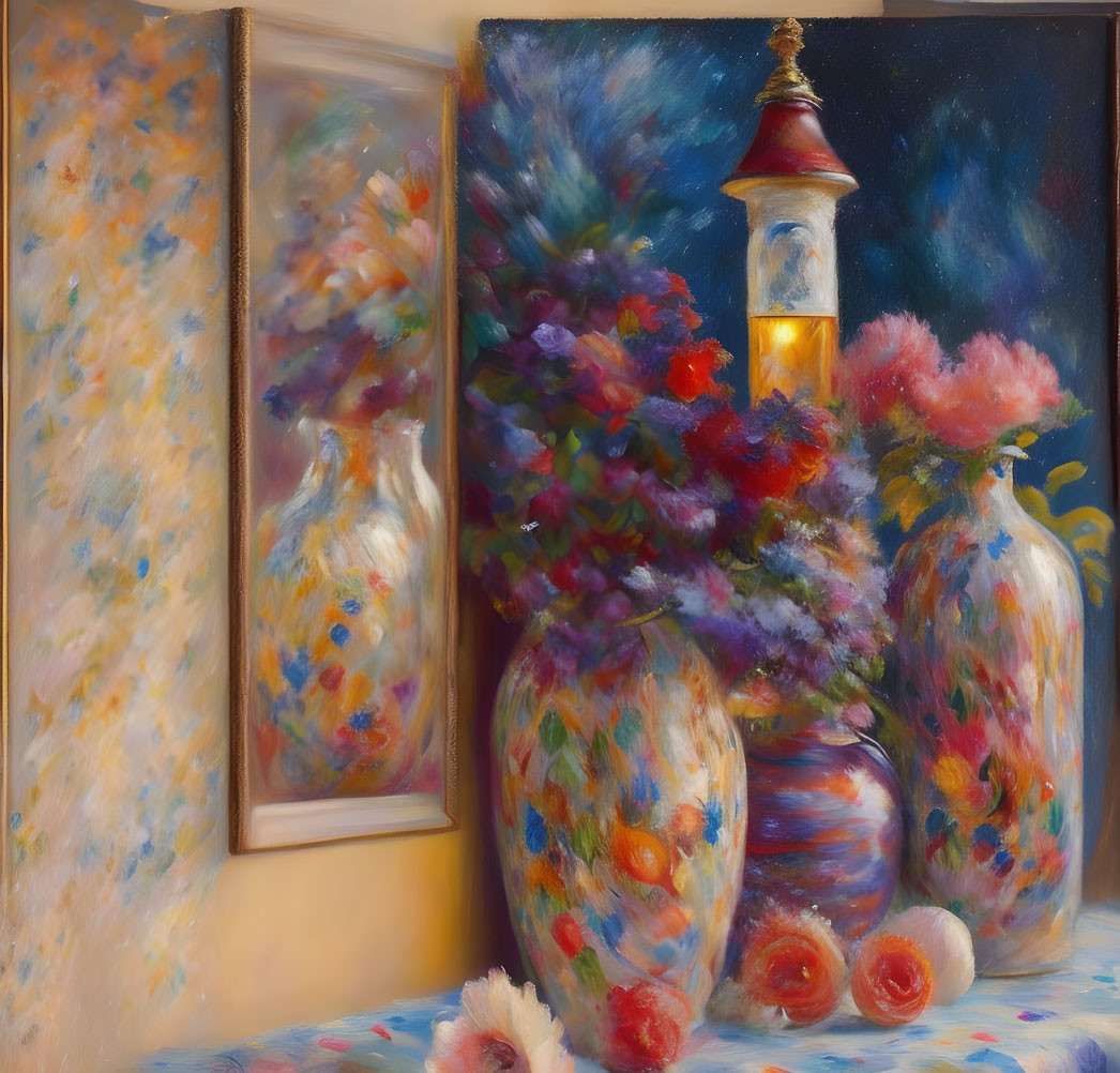 Colorful Flowers and Lighthouse in Impressionistic Oil Painting