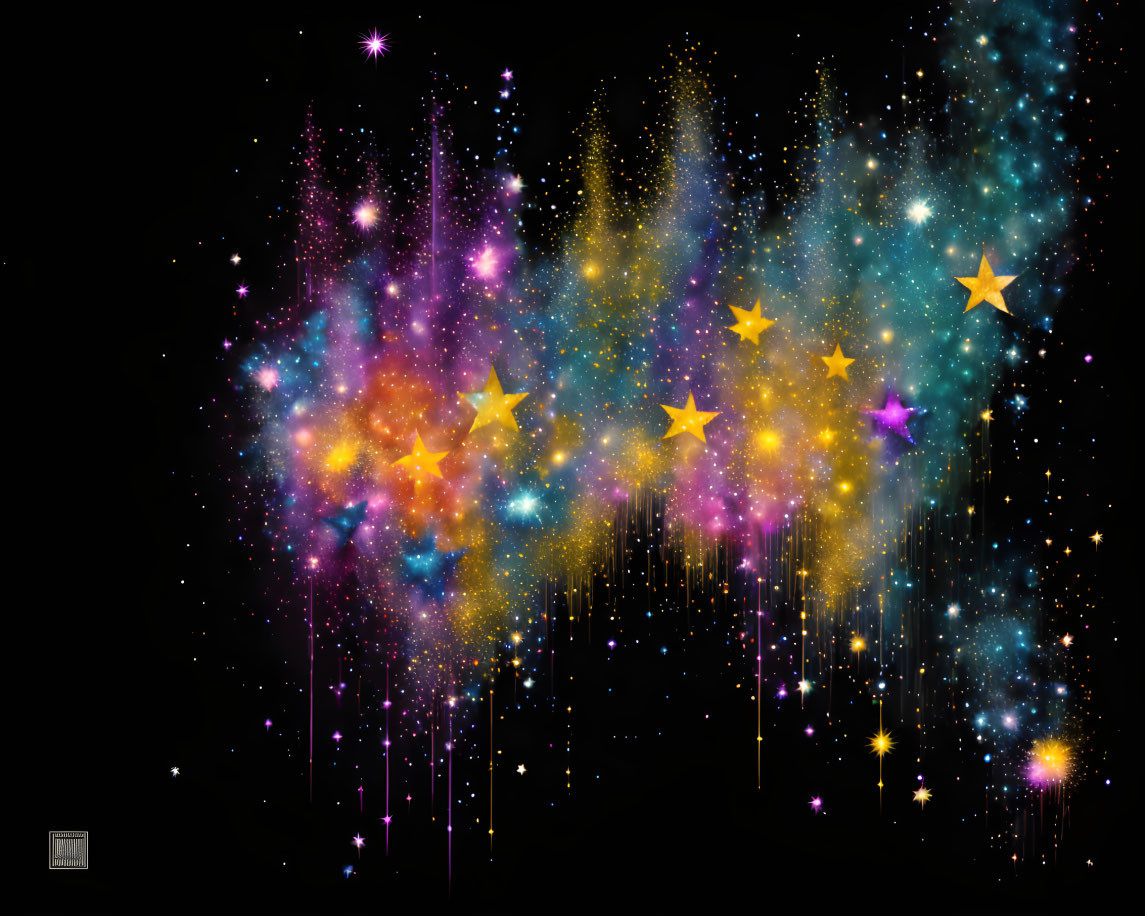 Vibrant Star-Shaped Fireworks in Blue, Purple, Gold, and Red