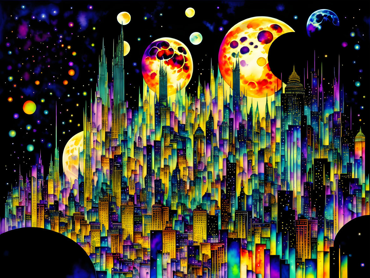 Neon-colored futuristic cityscape under cosmic sky