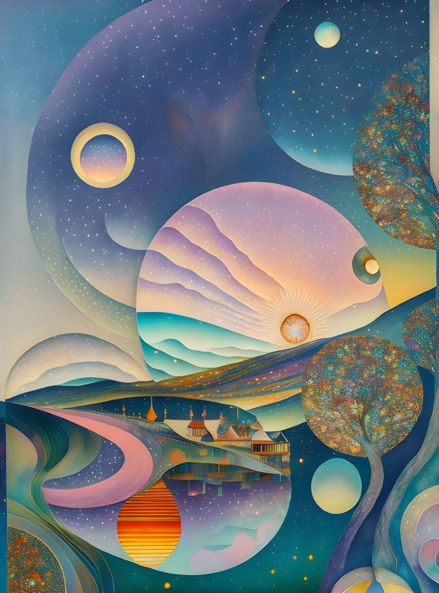 Swirling patterns, sun symbol, trees, bridge, celestial bodies in surreal landscape