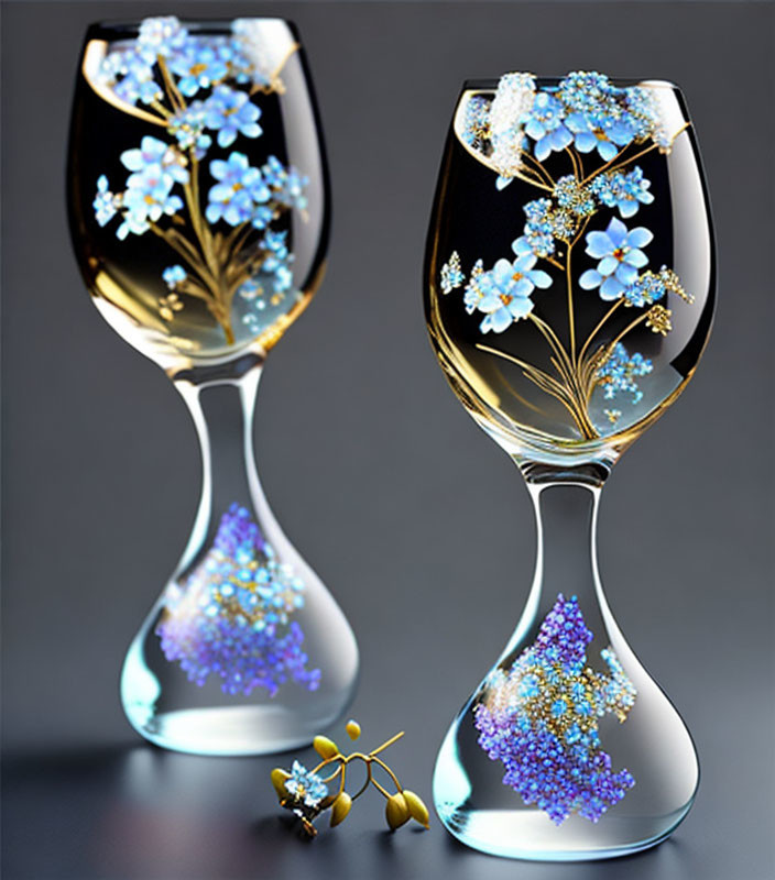 Gold-toned liquid in wine glasses with blue floral patterns and crystals on dark background.