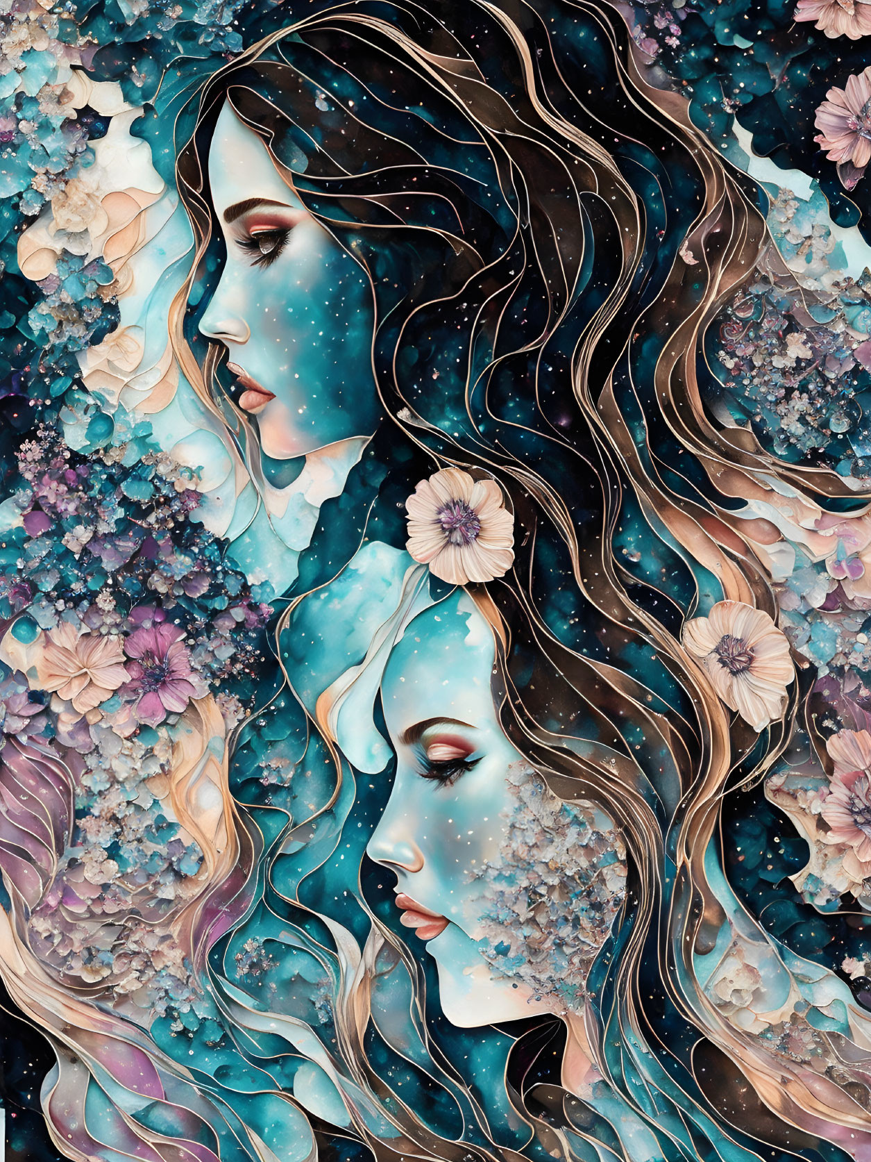 Stylized female figures with floral and cosmic motifs in surreal setting