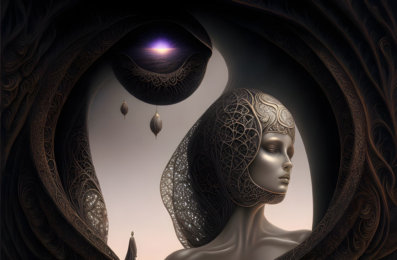 Surreal female figure with intricate patterns and eye-like aperture in esoteric design scene