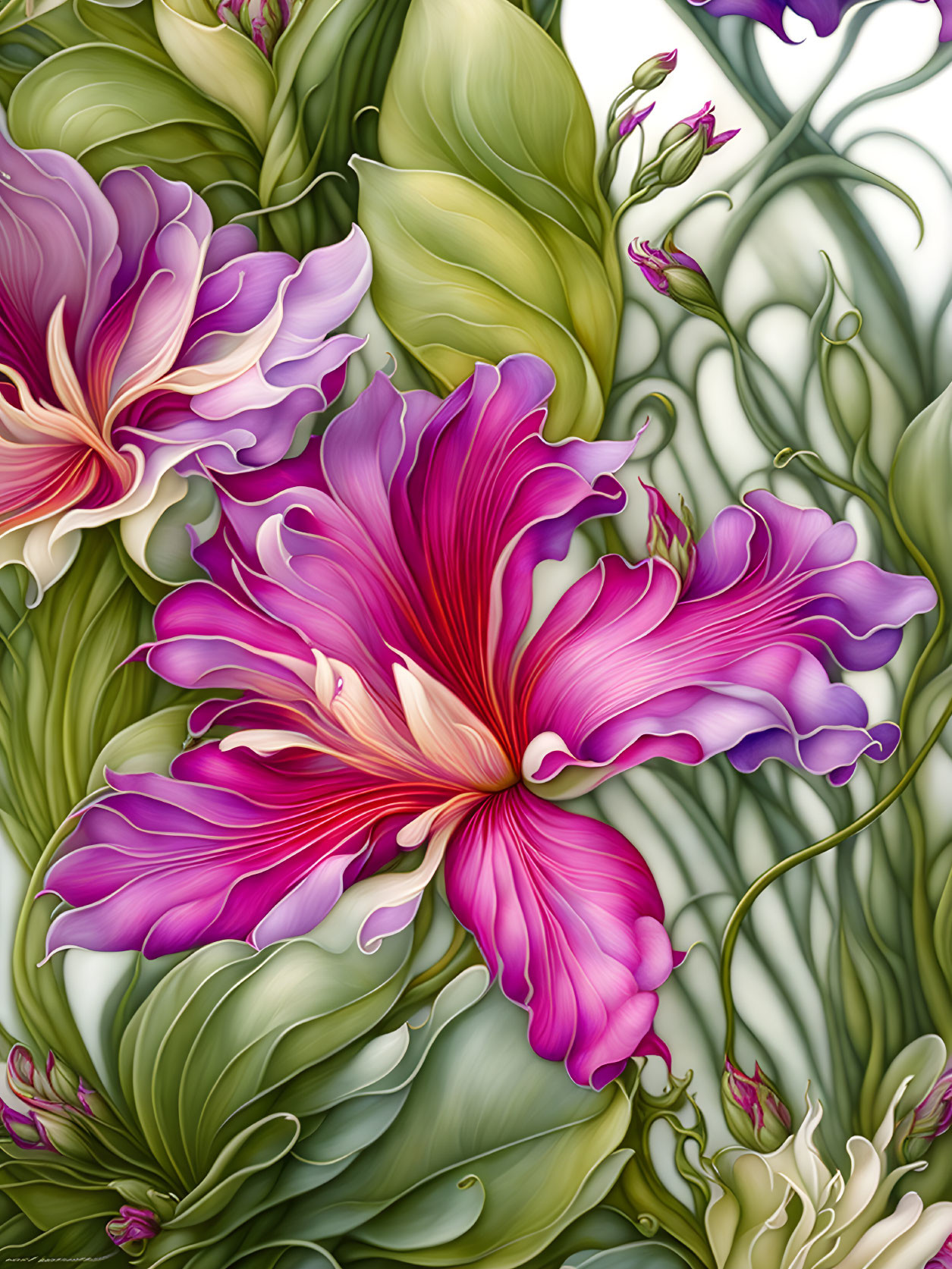 Vibrant purple flowers in a digital art image with swirling petals and green leaves.