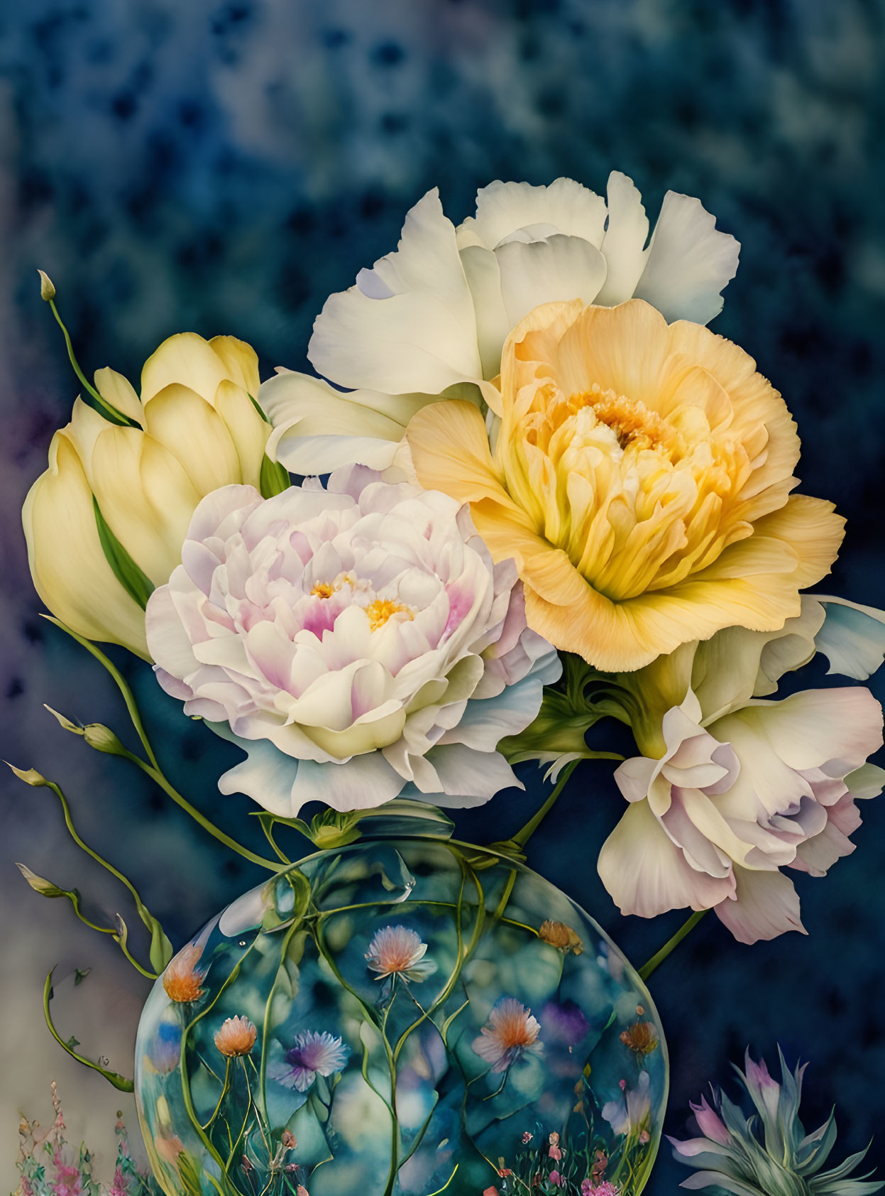 Delicate Peonies and Tulips in Unique Floral Vase Display